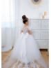 White Satin Tulle Flower Girl Dress With Removable Lace Train